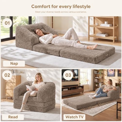Boneless Chair Futon Sofa Bed,Convertible Sleeper Chair with Pull Out Handle,Fold Out Chair Bed Small Boneless Couch for Living Room, Guest Room,Bedroom,Brown