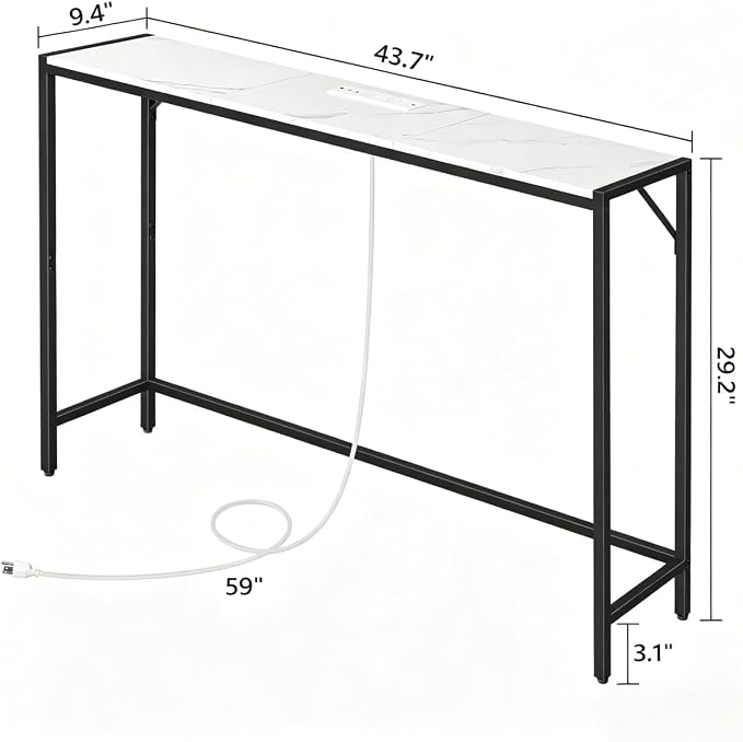 MAHANCRIS Console Table, Narrow Sofa Table Behind Couch, 43.7” Entrance Table with Power Station, Simple Style, for Living Room, Hallway, Entryway, Foyer, Marble and Black CTHM112E01