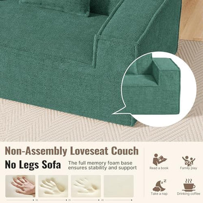 77in Modern Small Cloud Loveseat Sofa, No Assembly Required Boneless Love Seat Couches Includes 2 pcs Pillows for Living Room, Bedroom, Apartment-Green