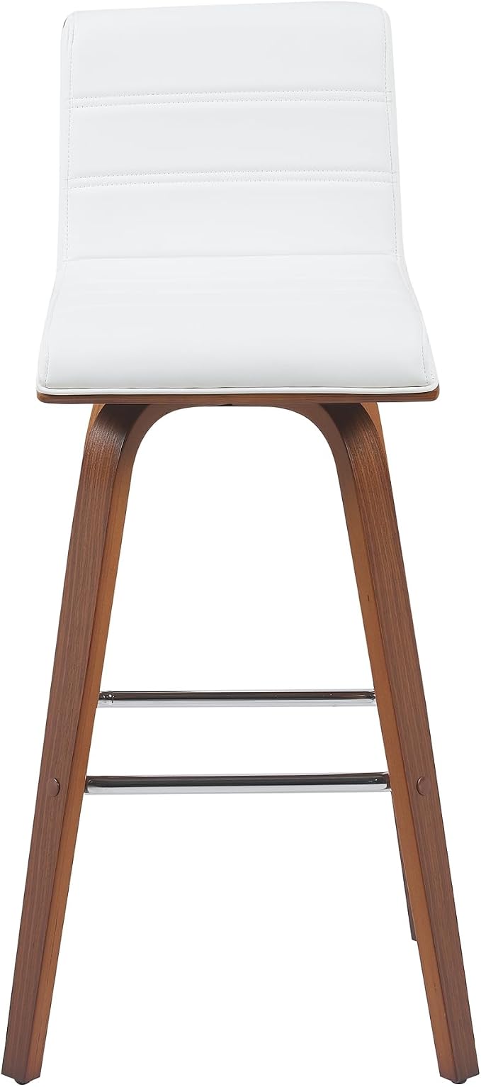 Vienna Modern Swivel Bar Height Stool with Snow White Faux Leather Seat and Walnut Finished Wood Frame Set of 2