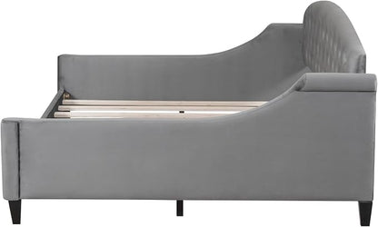 Ball & Cast Full Size Daybed, Velvet Upholstered Day Bed Frame with Button Tufted Backrest,Modern Sofa Bed for Living Room, Bedroom,Guest Room,No Box Spring Needed,Gray