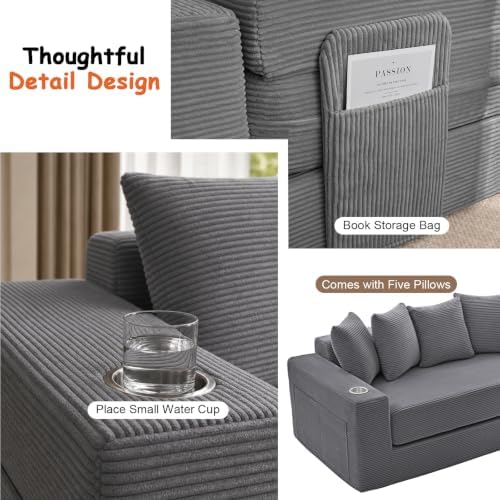 76" Convertible Sofa Bed, Corduroy Boneless Couch with Cup Holders & Pocket