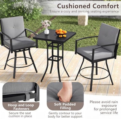 Tangkula 3 Pieces Patio Swivel Bar Set, Outdoor Metal Bar Table and Chairs Set with Soft Cushions and 1.57” Umbrella Hole, Counter Height Patio Bistro Set with Armrests for Lawn, Garden (Gray)