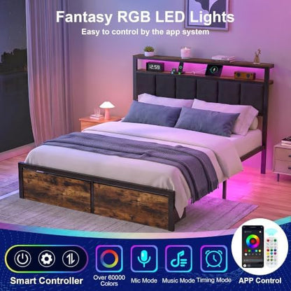 Queen Bed Frame with Storage Drawers, Upholstered Headboard with LED Lights and Charging Station, Metal Platform Bed with 2-Tier Storage Shelves, Noise Free, No Box Spring Needed