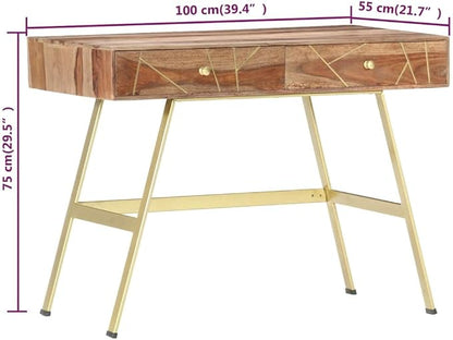 vidaXL Writing Desk, Computer Desk with Storage Drawers, Console Table with Steel Legs for Living Room Hallway, Modern Style, Solid Acacia Wood