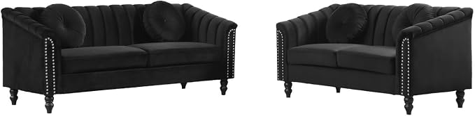 Sectional Sofa Set, Microfiber Chesterfield Upholstered Sofas Loveseat Couch Chair Sets with Style Button Tufted, Scroll Arms and Nailhead for Living Room, Office, Apartment-Black,3PCS