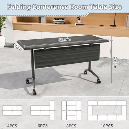 Folding Conference Table, Conference Room Tables with Wheels Foldable Large Rectangle Meeting Seminar Table for 6-12 People, Flip Top Mobile Training Table for Office Classr (4, Black, 61in)
