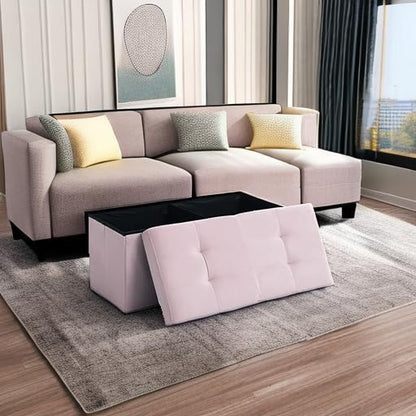 Storage Ottoman Bench Foldable Seat Footrest Shoe Bench End of Bed Storage with Flipping Lid, 75L Storage Space, 30 inches Velvet Pink