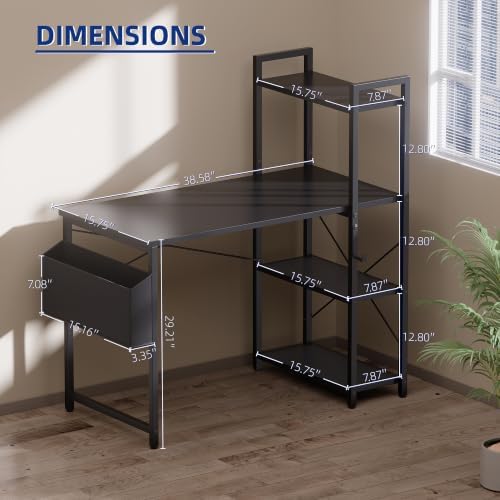 Pamray 38.5 Inch Small Computer Desk with Shelves for Bedroom Home Office