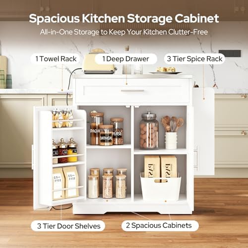 41'' Rolling Kitchen Island with Seating and Stainless Steel Countertop, Folding Drop Leaf, Bar Stool, Power Outlet, Spice/Towel Rack, White