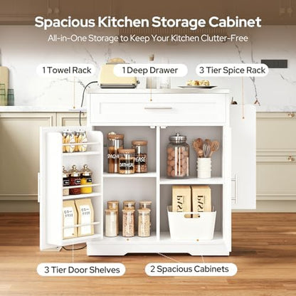 41'' Rolling Kitchen Island with Seating and Stainless Steel Countertop, Folding Drop Leaf, Bar Stool, Power Outlet, Spice/Towel Rack, White