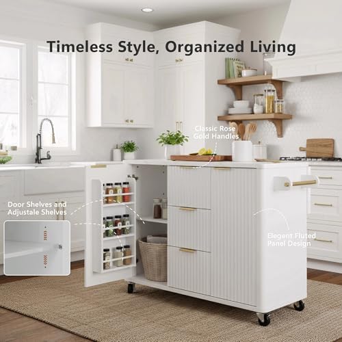 Merax 55.5" Fluted Kitchen Island with Drop Leaf, Power Outlet,Kitchen Grill Cart Island with Storage-6 Door Shelves,Adjustable Shelves,Faux Marble Top,Curved Edge for Kitchen,White