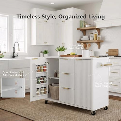 Merax 55.5" Fluted Kitchen Island with Drop Leaf, Power Outlet,Kitchen Grill Cart Island with Storage-6 Door Shelves,Adjustable Shelves,Faux Marble Top,Curved Edge for Kitchen,White