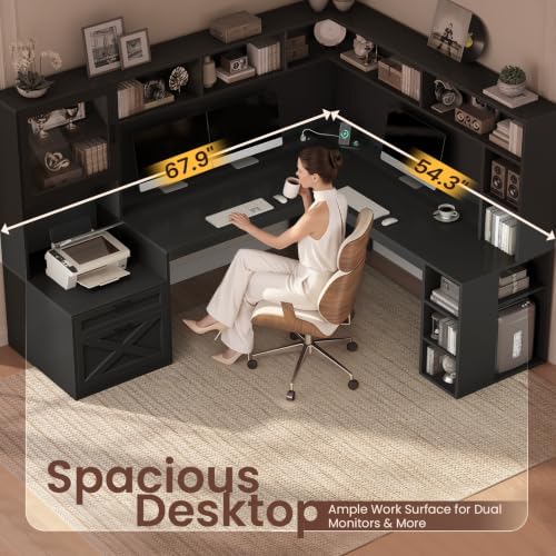 SEDETA 68" Farmhouse L Shaped Computer Desk with Hutch, Storage Drawers