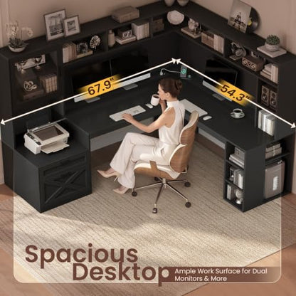 SEDETA 68" Farmhouse L Shaped Computer Desk with Hutch, Storage Drawers