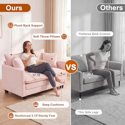 50'' Loveseat Sofa Set, Small Couch Set 2 Piece Cloud Love Seat with 27" Deep Seat Washable Chenille Pillows Couches for Small Spaces Apartment Living Room, Pink