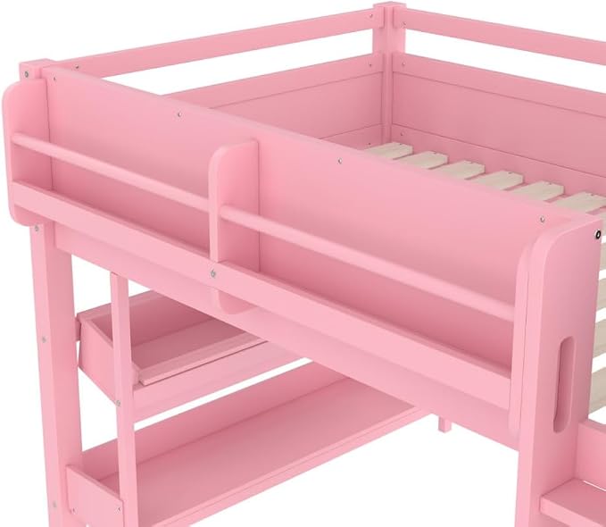 Bellemave Full Size Low loft Bed with Desk and bookcases, Boxes and Drawers for Kids,Wood Modern Farmhouse Kids Loft Bed with Shelf, Pink