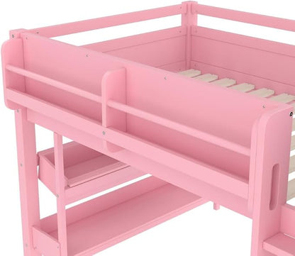 Bellemave Full Size Low loft Bed with Desk and bookcases, Boxes and Drawers for Kids,Wood Modern Farmhouse Kids Loft Bed with Shelf, Pink