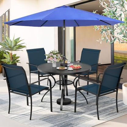 SUNCROWN 6 - Piece Outdoor Dining Set, Patio Furniture Set with 4 Textilene Dinning Chairs, 41" Metal Round Table and 1 Dark Blue 9Ft Patio Umbrella for Lawn Garden Backyard Deck, Blue