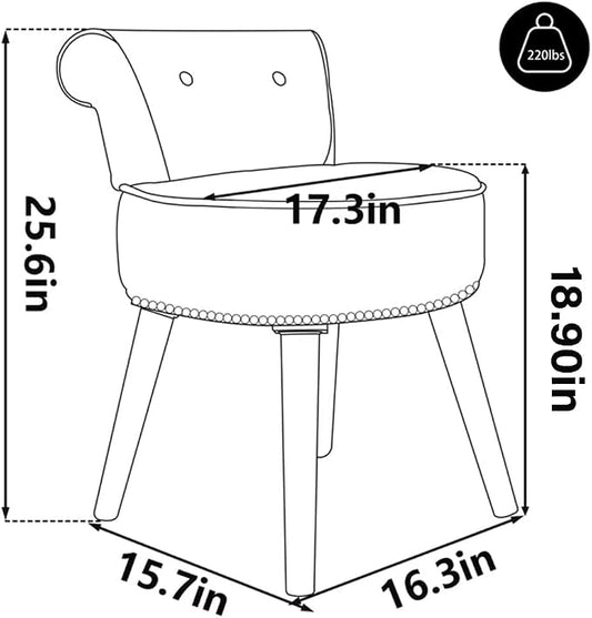 Small Vanity Chair with Back, Velvet Stool with Low Backrest & Silvery Nailhead Trim, Round Vanity Seat for Bedroom and Bathroom Makeup, Support 220lbs, Easy Assembly (Black)