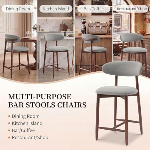 MALOL Counter Height Bar Stools Set of 6, Kitchen Bar Stools with Back, Mid Century Modern Upholstered Barstools with Wood Legs for Kitchen Island Dining Room, Light Grey