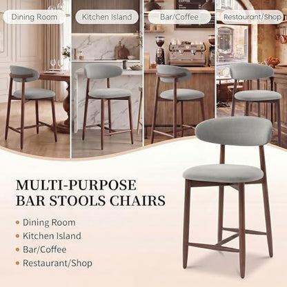 MALOL Counter Height Bar Stools Set of 6, Kitchen Bar Stools with Back, Mid Century Modern Upholstered Barstools with Wood Legs for Kitchen Island Dining Room, Light Grey