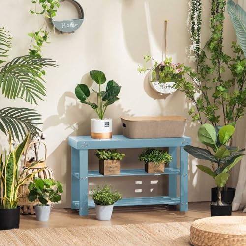 Apicizon Bamboo Shoe Rack Bench, 3-Tier Entryway Organizer, Blue