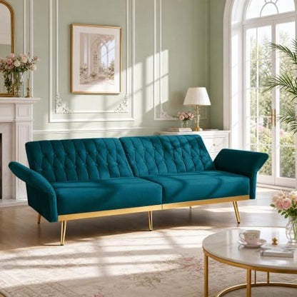 70” Velvet Futon Sofa Bed w/Adjustable Armrests, Teal