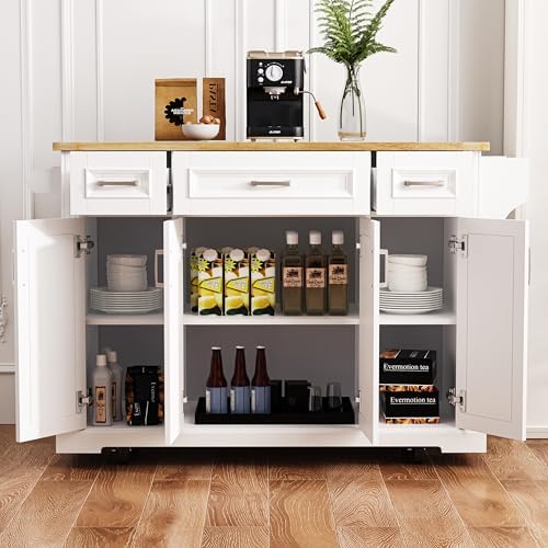 54" Rolling Kitchen Island with Drop Leaf, White