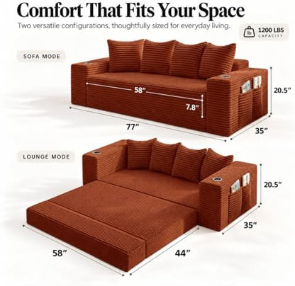 77" Convertible Sofa Bed, Boneless Pull-Out Sleeper Couch, Orange