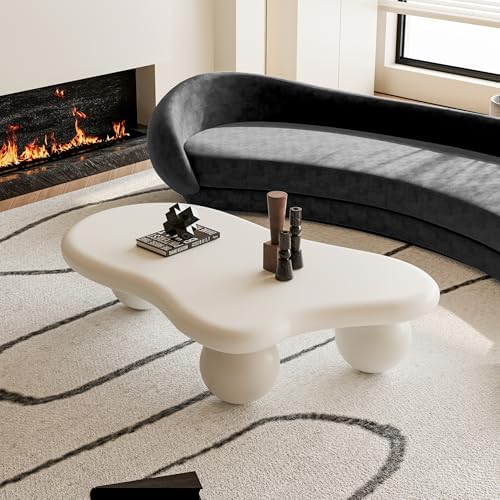 47" Cloud Shaped Coffee Table with 3 Ball Legs, Modern Minimalist Accent Tea Table for Living Room, Bedroom, Apartment or Office, Spacious MDF Surface, Kid & Pet Friendly, Cream White