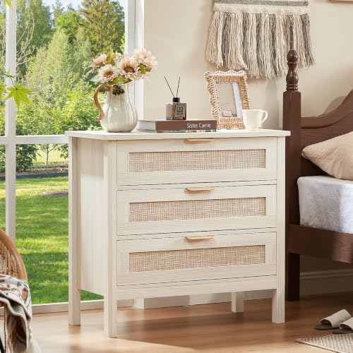 LEYAOYAO 26.8" Wide Rattan Nightstand, Large Boho 3 Drawer Night Stand