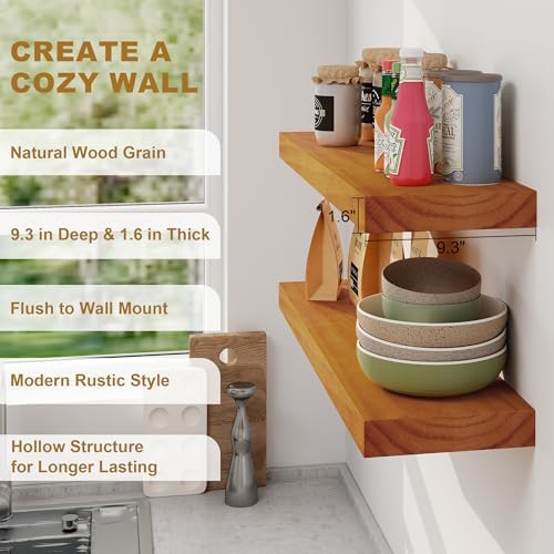 Floating Shelves, 9.3'' Deep Solid Pine Wood Wall Shelves for Storage, Wall Mounted Display Shelf with Invisible Heavy-Duty Metal Bracket, 24'' Width Set of 2, Honey Oak
