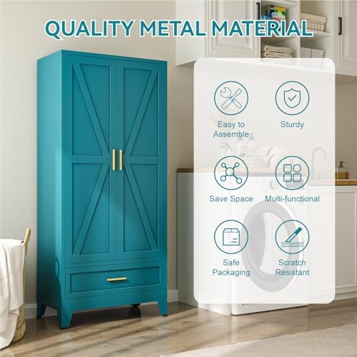 71" Metal Armoire Wardrobe Closet with Hanging Rod, Blue-X 1 Drawer