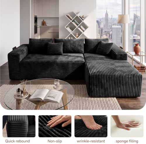 Couch ≈105inch,L-Shaped Sofa,Boneless Couch,with Chaise (Black)