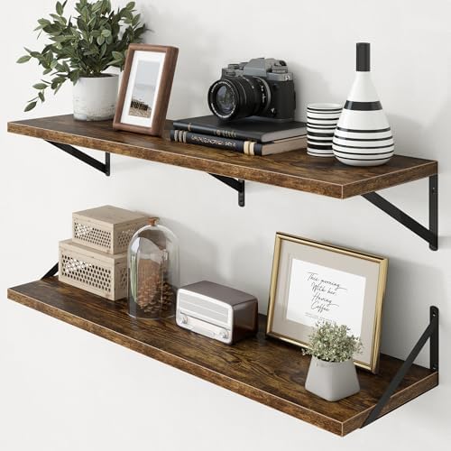 Deep Floating Shelves - 40 Inch Floating Shelves Set of 2-12 Inch Deep Brown Wood Wall Shelves for Living Room Bathroom Kitchen