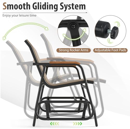 GIANTEX 3-Piece Outdoor Glider Set, 2-Pack Rocking Chairs with Small Tempered Glass Coffee Table, Metal Frame, Porch Rocker, Patio Bistro Set for Outside, Garden, Backyard, Balcony, Brown