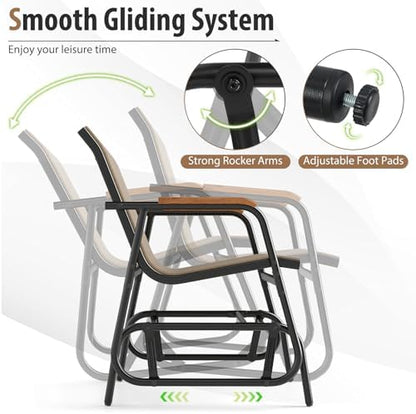 GIANTEX 3-Piece Outdoor Glider Set, 2-Pack Rocking Chairs with Small Tempered Glass Coffee Table, Metal Frame, Porch Rocker, Patio Bistro Set for Outside, Garden, Backyard, Balcony, Brown