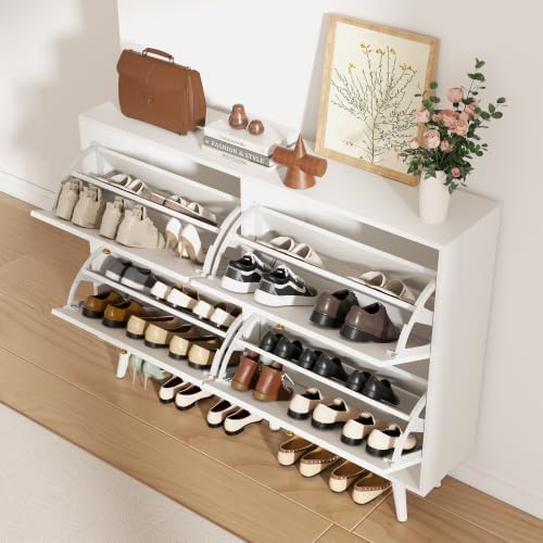 Fluted Shoe Cabinet for Entryway, 4 flip Drawers, White