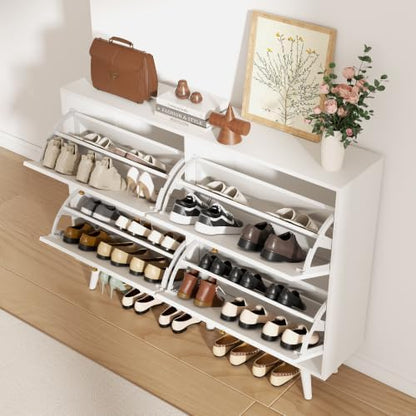 Fluted Shoe Cabinet for Entryway, 4 flip Drawers, White