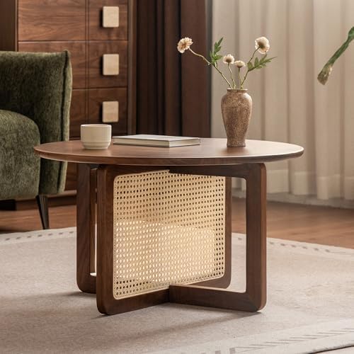 100% Solid Oak Wood Round Coffee Table, 2-Tier Small Wood Center Table