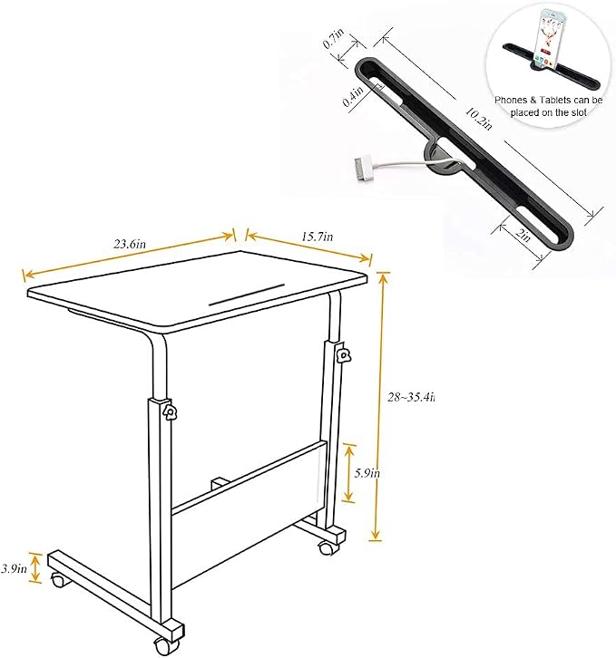 Side Table,31.5in/21.6in Adjustable Laptop Stand Portable Cart Tray Bedside Computer Table,Sofa Side Bed Table with Wheels