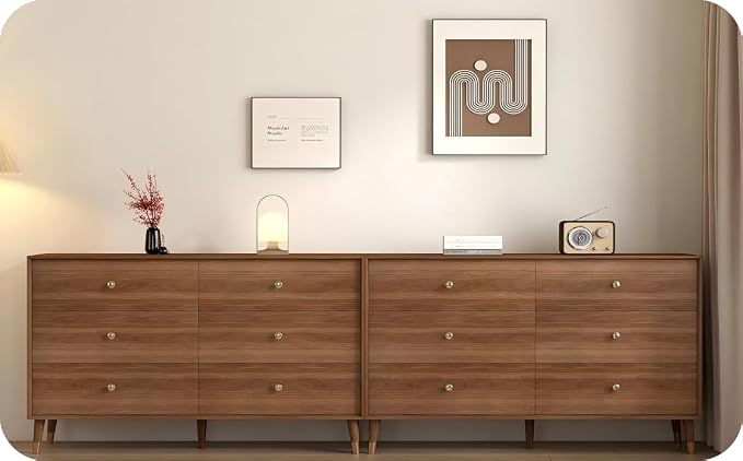 6 Drawer Dresser For Bedroom, 2 PCS 47 Inch Dresser for Closet with Walnut Frame, Modern Wood Chest of Drawers with Natural Texture & Pre-Embedded Slots For TV Stand, Living Room, Hallway, Office