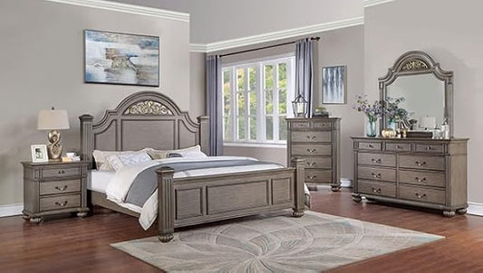 First of a Kind Queen Size Traditional Bedroom Furniture 5 pc Set in Gray - Solid Wood Finish with Floral Headboard Design, Antique Brass Hardware - Bed, Dresser, Mirror, Nightstand & Storage Chest