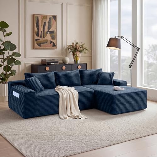 Blue Oversized Sectional Boneless Couch for Living Room. Right Face Chaise