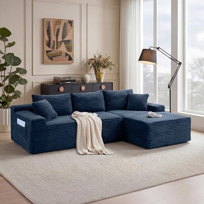 Blue Oversized Sectional Boneless Couch for Living Room. Right Face Chaise