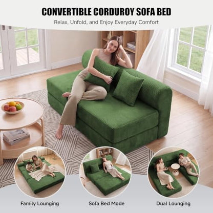 59" Convertible Sofa Bed, Corduroy Loveseat Sleeper Sofa with Pocket Springs, Foldable Floor Futon Couch with Removable Machine-Washable Cover, 2 Pillows, No Assembly, Dark Green