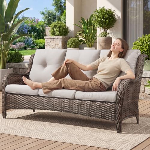 Belord Patio Sofa Luxury PE Wicker 3-Seater Outdoor Couch, Modern All-Weather High Back Deep Seat Woven Furniture Set for Porch, Deck, Balcony, Backyard - Brown/Beige