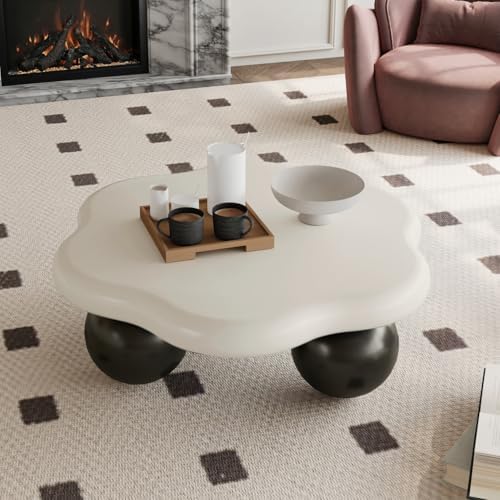 35" Contrast Color Cloud Shaped Coffee Table, Petal-Shaped Modern Minimalist Coffee Table with Spherical Legs, Kid & Pet Friendly Living Room Table for Small Apartment
