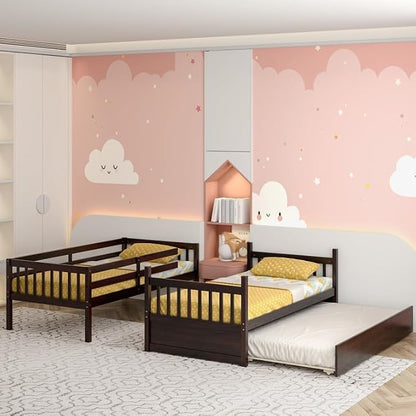 NAFORT Twin Over Full Bunk Bed with Trundle, Solid Wood Bunk Bed Frame, Ladder & Guardrails, Converts to 2 Platform Beds for Kids/Teens/Guests (Espresso, Twin Over Twin with Trundle)